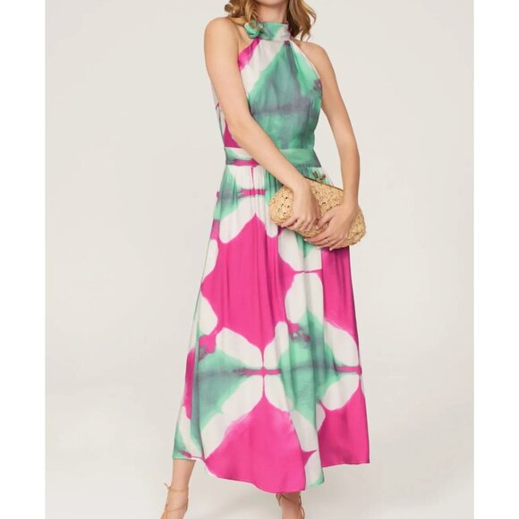 Busayo Collective Halter Neck Tie-Dye Maxi Dress Size 8 Sleeveless Pink & Green - Picture 8 of 8